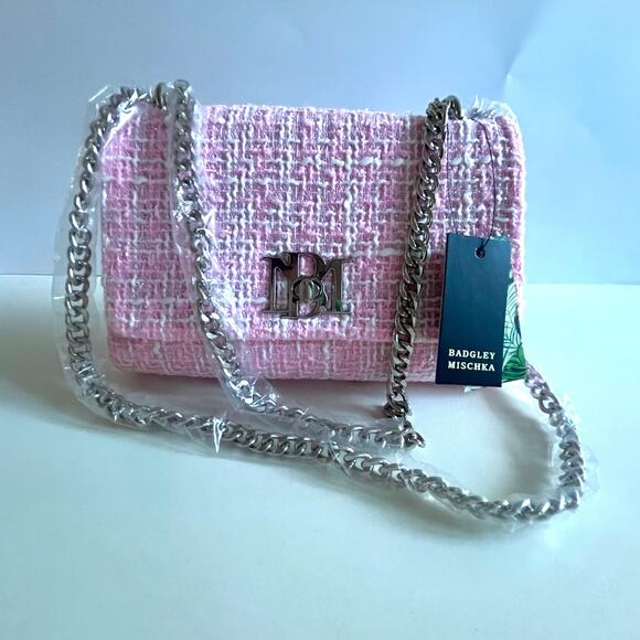 NWT BADGLEY MISCHKA Pink Tweed Shoulder Bag with Chain Straps - Picture 1 of 8